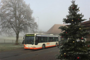 BSU-Bus auf dem Land unterwegs auf Hauptstrasse, im Vordergrund ein Weihnachtsbaum